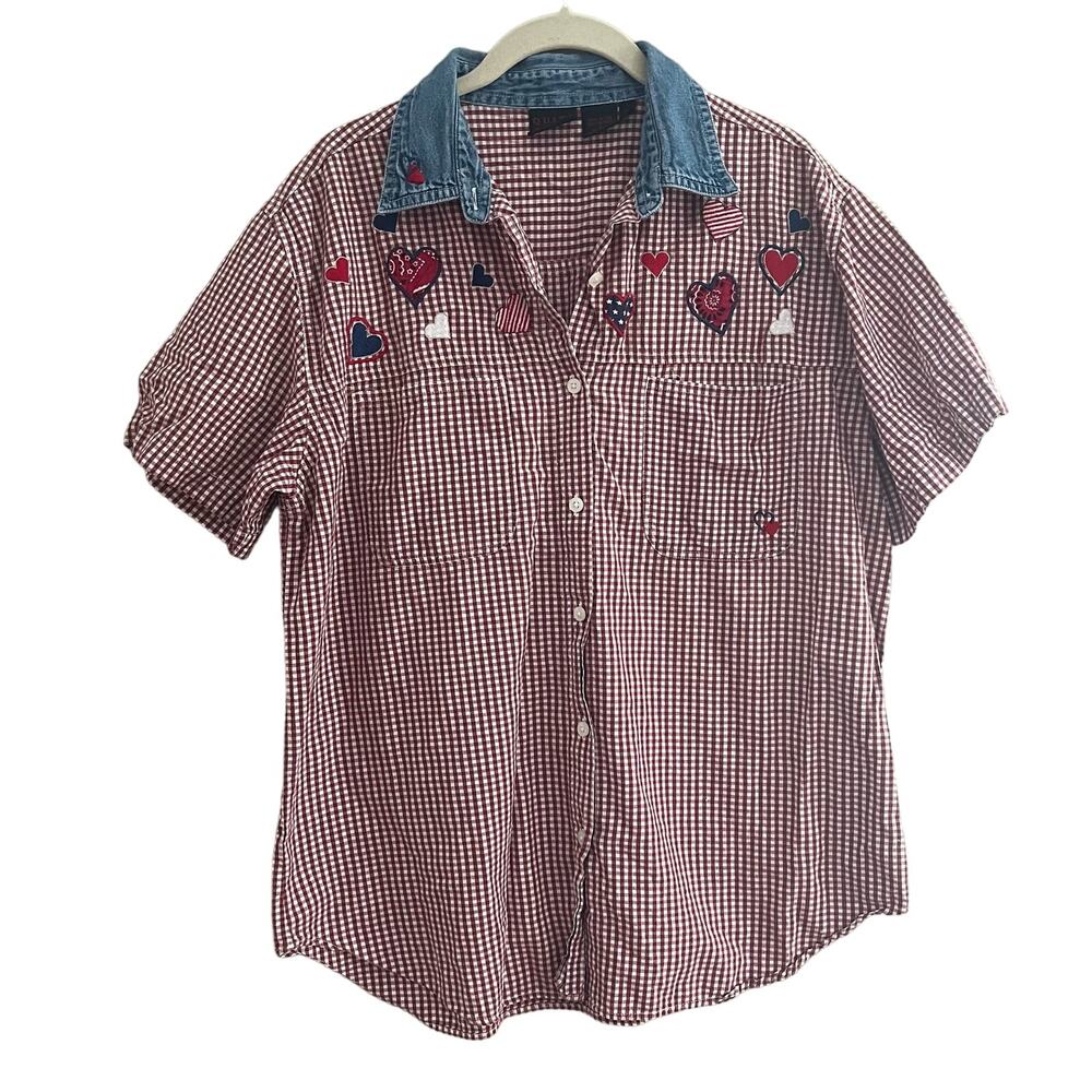 Vintage Quizz Again Western Button Top Denim Plaid Hearts Red / White Large